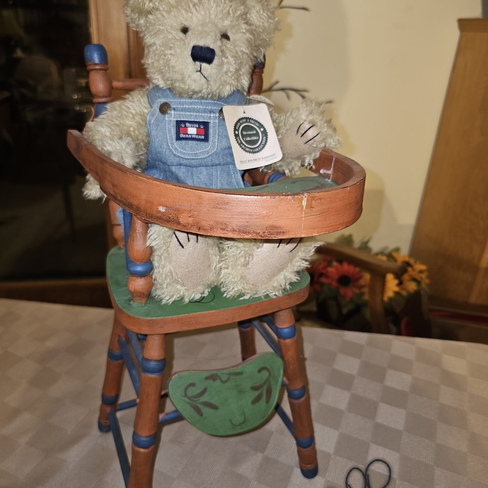 Boyds Bears Plush in Denim Overalls on Wooden High Chair